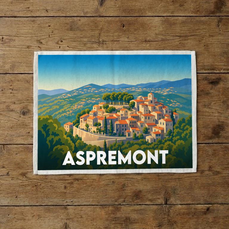 Torchon souvenir de la ville d'Aspremont avec une illustration stylisée du village perché.