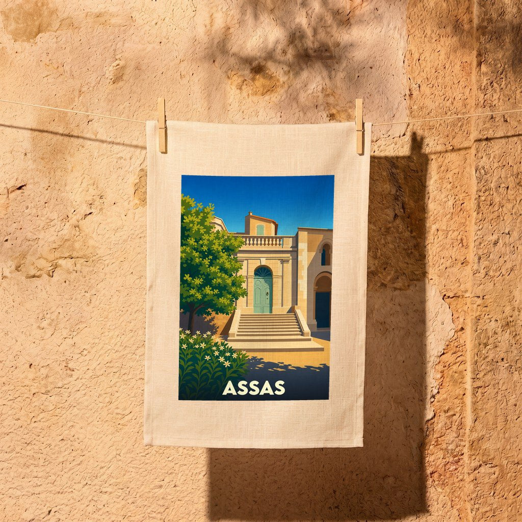Torchon souvenir de la ville d'Assas avec une illustration stylisée d'un bâtiment provençal.