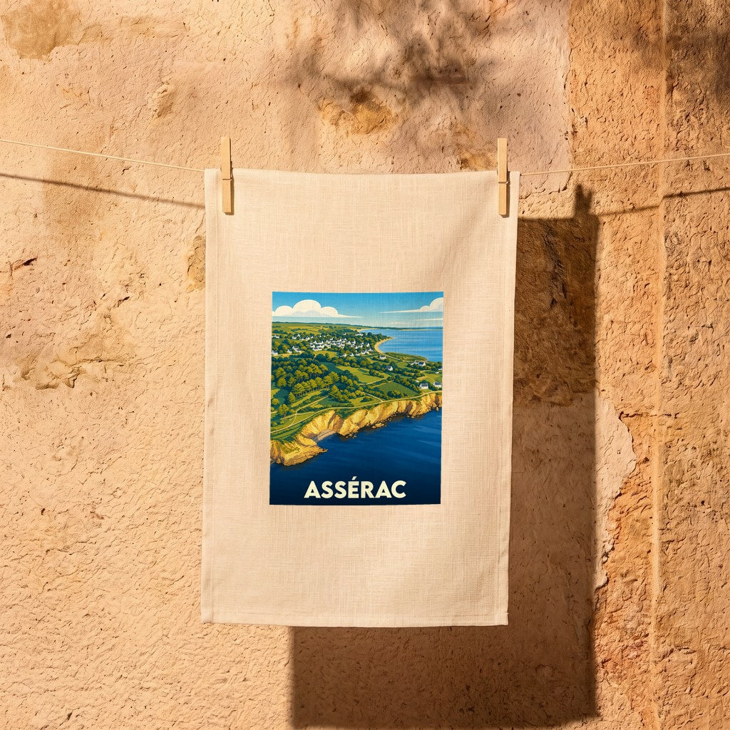 Torchon souvenir de la ville d'Assérac illustré d'un paysage côtier stylisé.