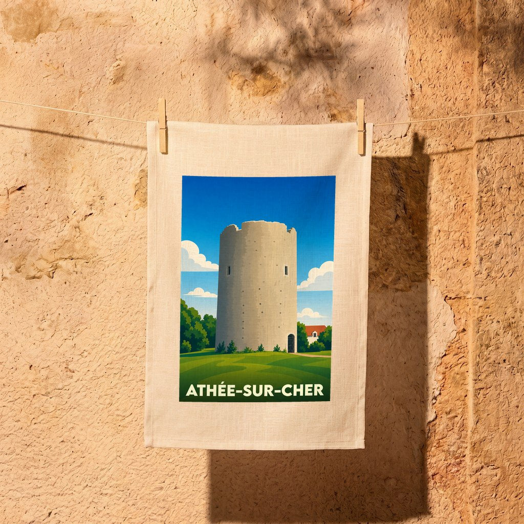 Torchon souvenir de la ville de Athée-sur-Cher avec une illustration stylisée d'une tour médiévale.