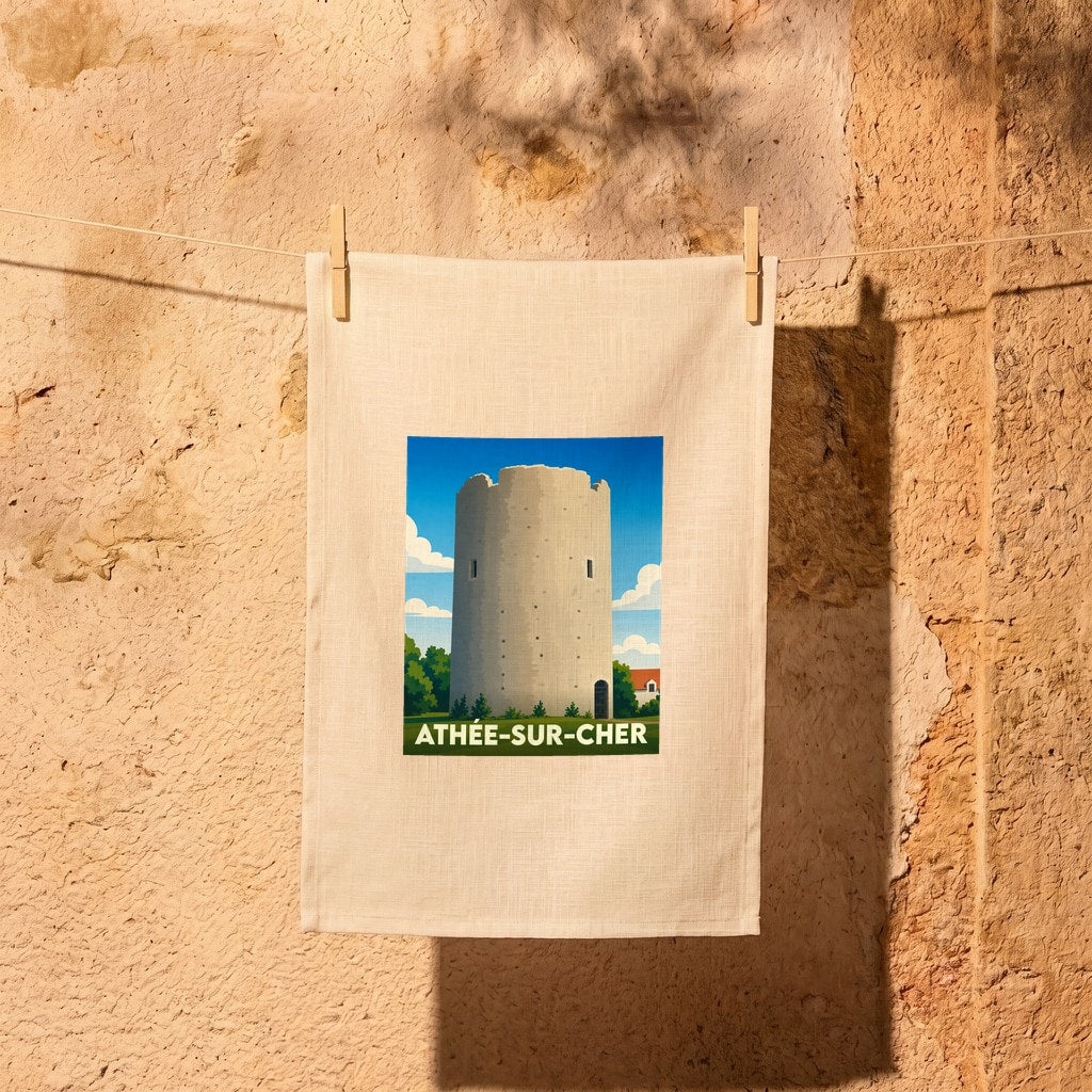 Torchon souvenir de la ville de Athée-sur-Cher avec une illustration stylisée d'une tour médiévale.