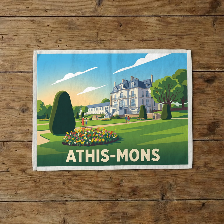 Torchon souvenir de la ville d'Athis-Mons avec une illustration stylisée.