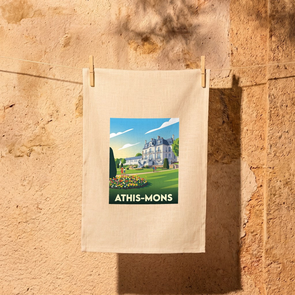 Torchon souvenir de la ville d'Athis-Mons avec une illustration stylisée.