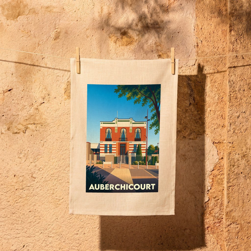 Torchon souvenir de la ville d'Auberchicourt illustré d'une vue stylisée de l'Hôtel de ville.