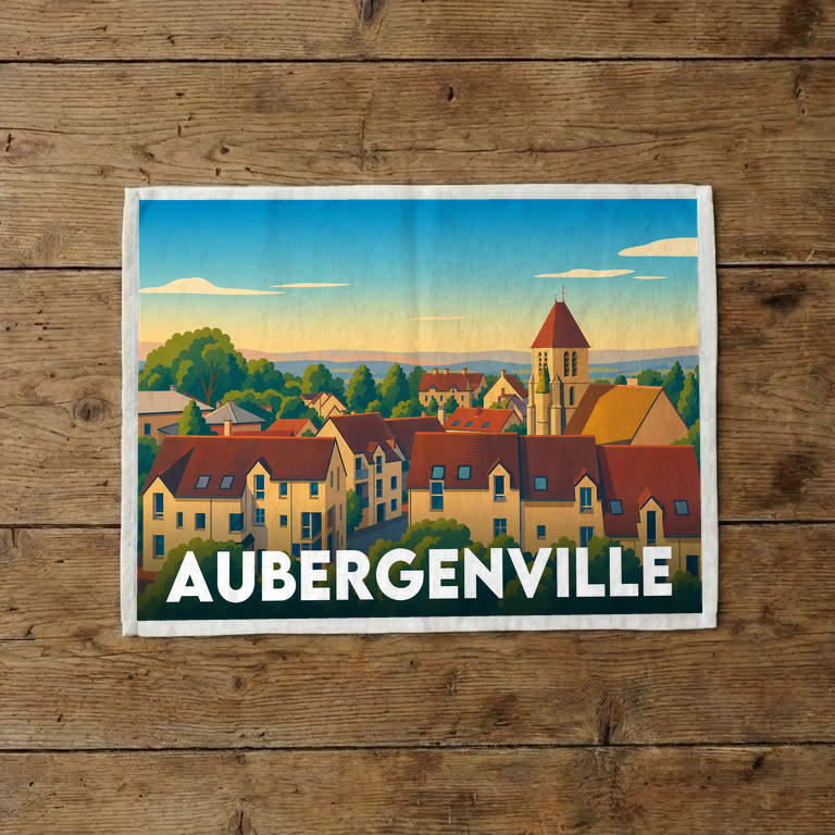 Torchon souvenir de la ville d'Aubergenville avec une illustration stylisée.
