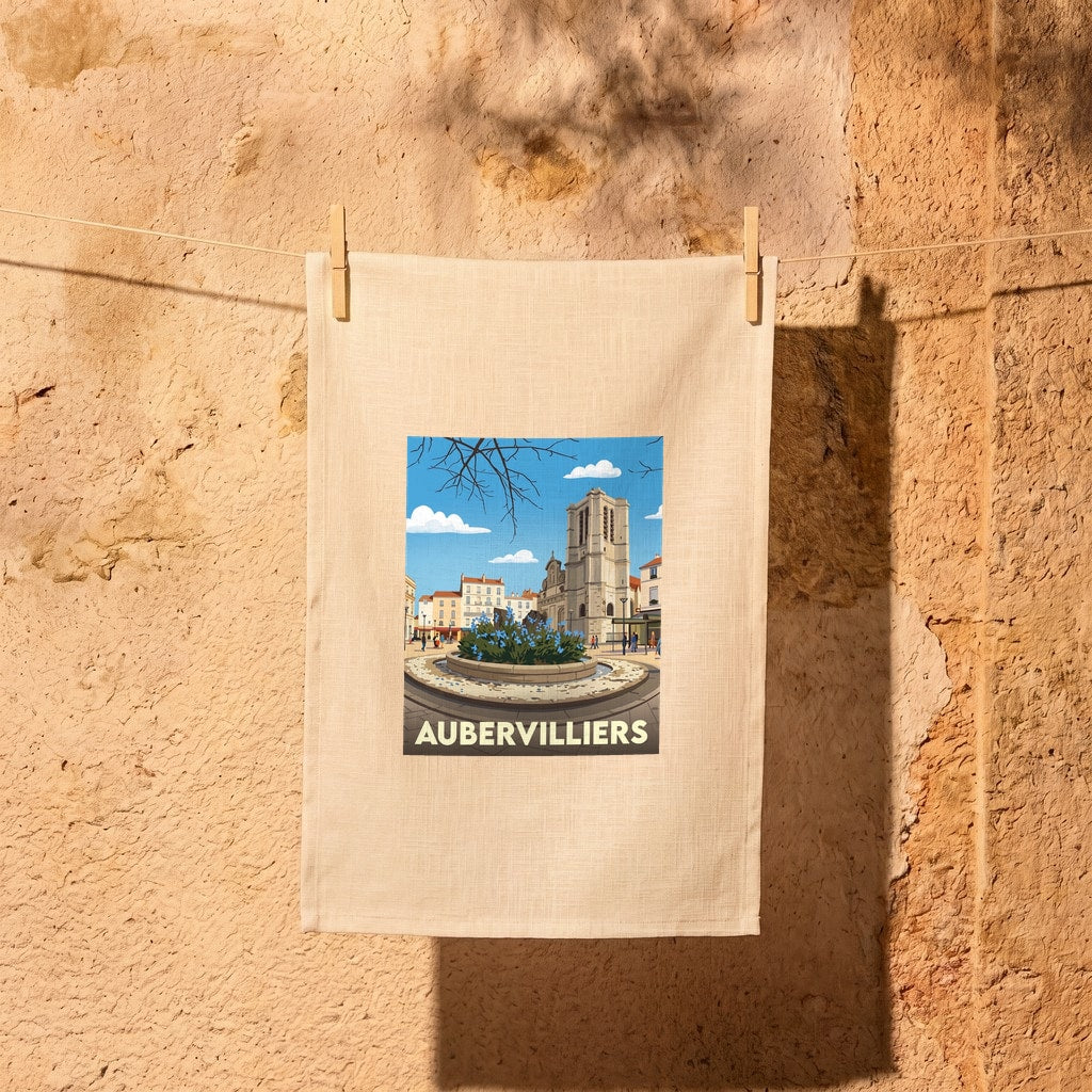 Torchon souvenir de la ville d'Aubervilliers avec une illustration stylisée.