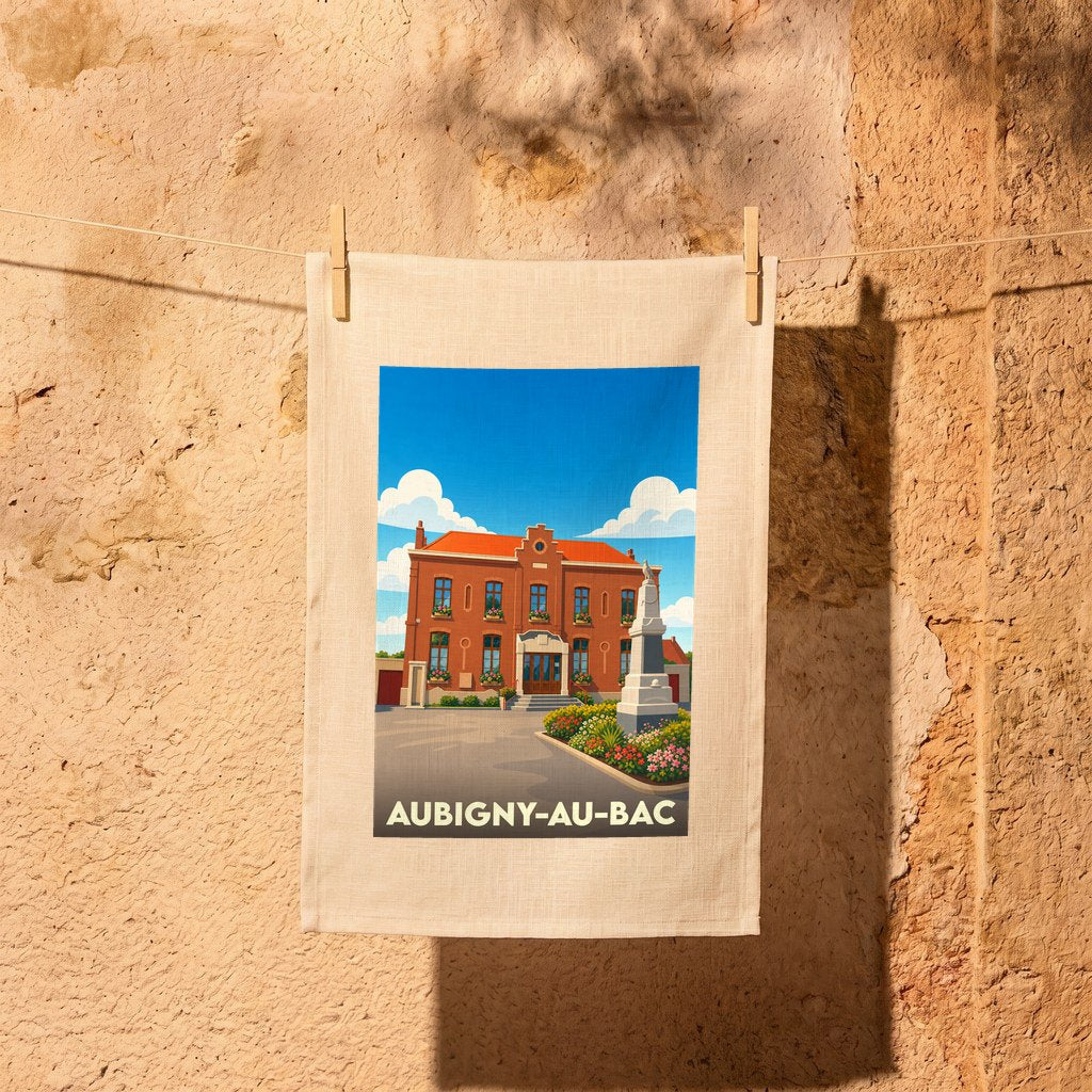 Torchon souvenir de la ville de Aubigny-au-Bac avec une illustration stylisée de sa mairie.