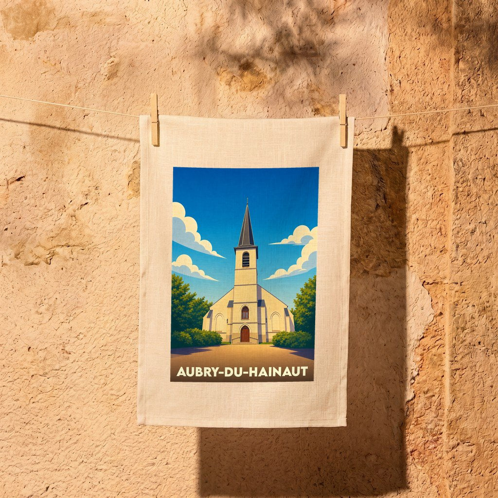 Torchon souvenir de la ville d'Aubry-du-Hainaut illustrant son église dans un style graphique épuré.