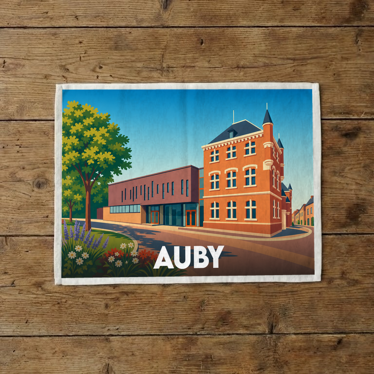 Torchon souvenir de la ville d'Auby avec une illustration stylisée de son architecture locale.