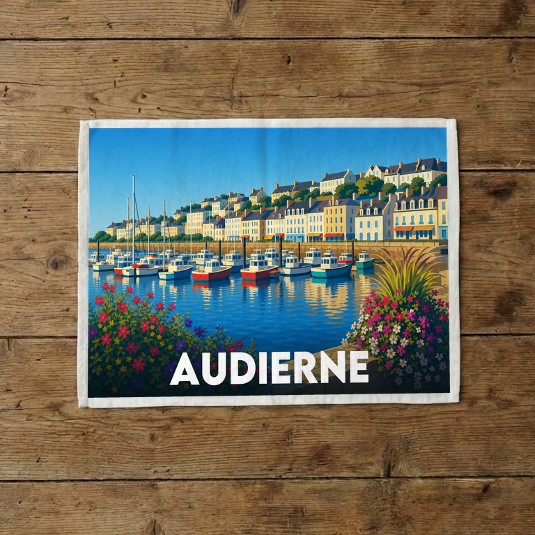 Torchon souvenir de la ville d'Audierne avec une illustration stylisée de son port.