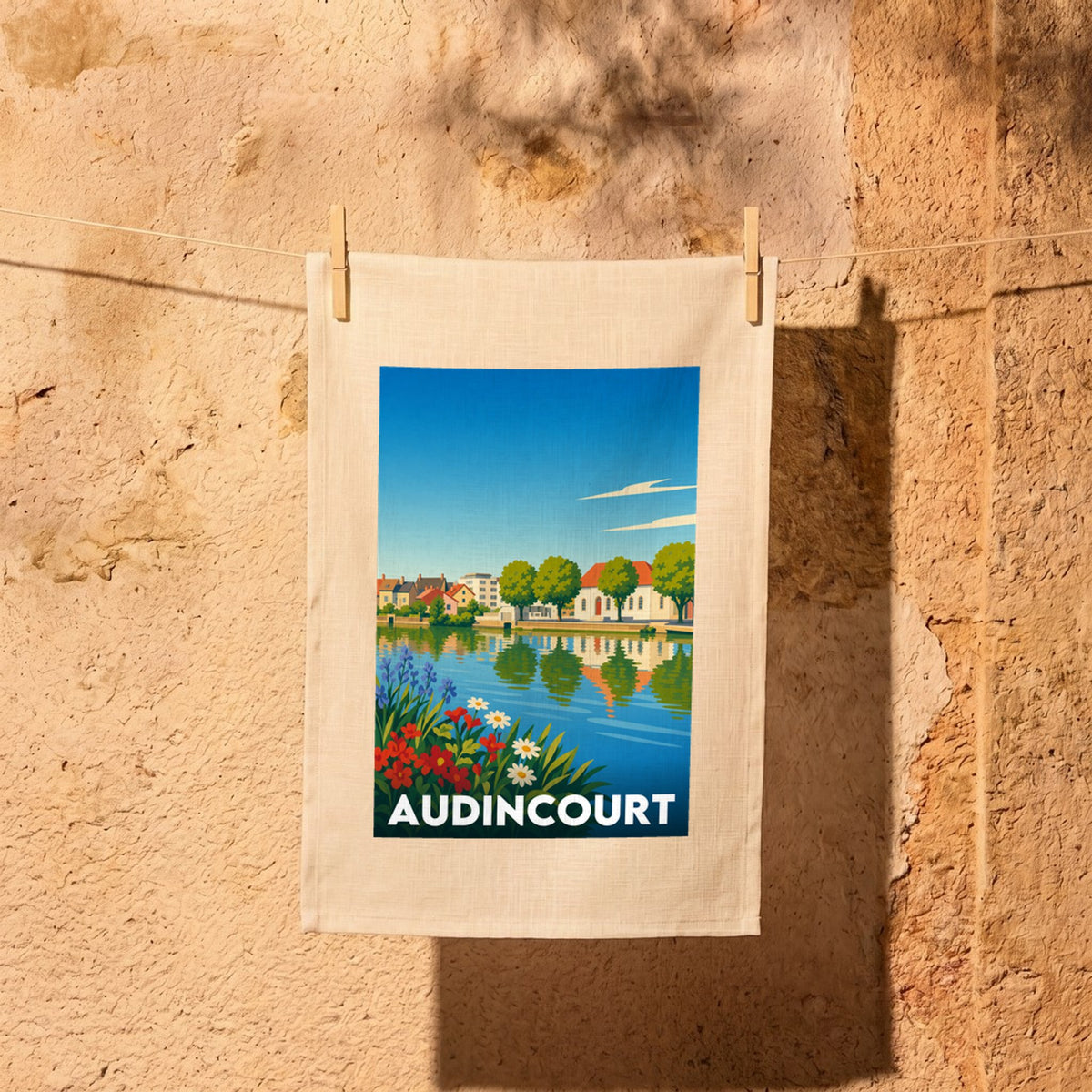 Torchon souvenir de la ville d'Audincourt avec une illustration stylisée.