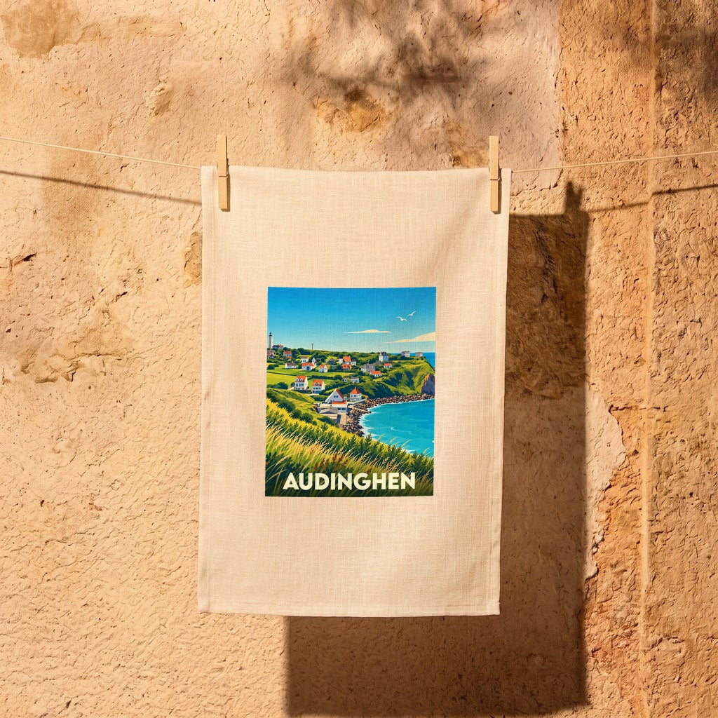 Torchon souvenir de la ville d'Audinghen avec une illustration stylisée de son paysage côtier.