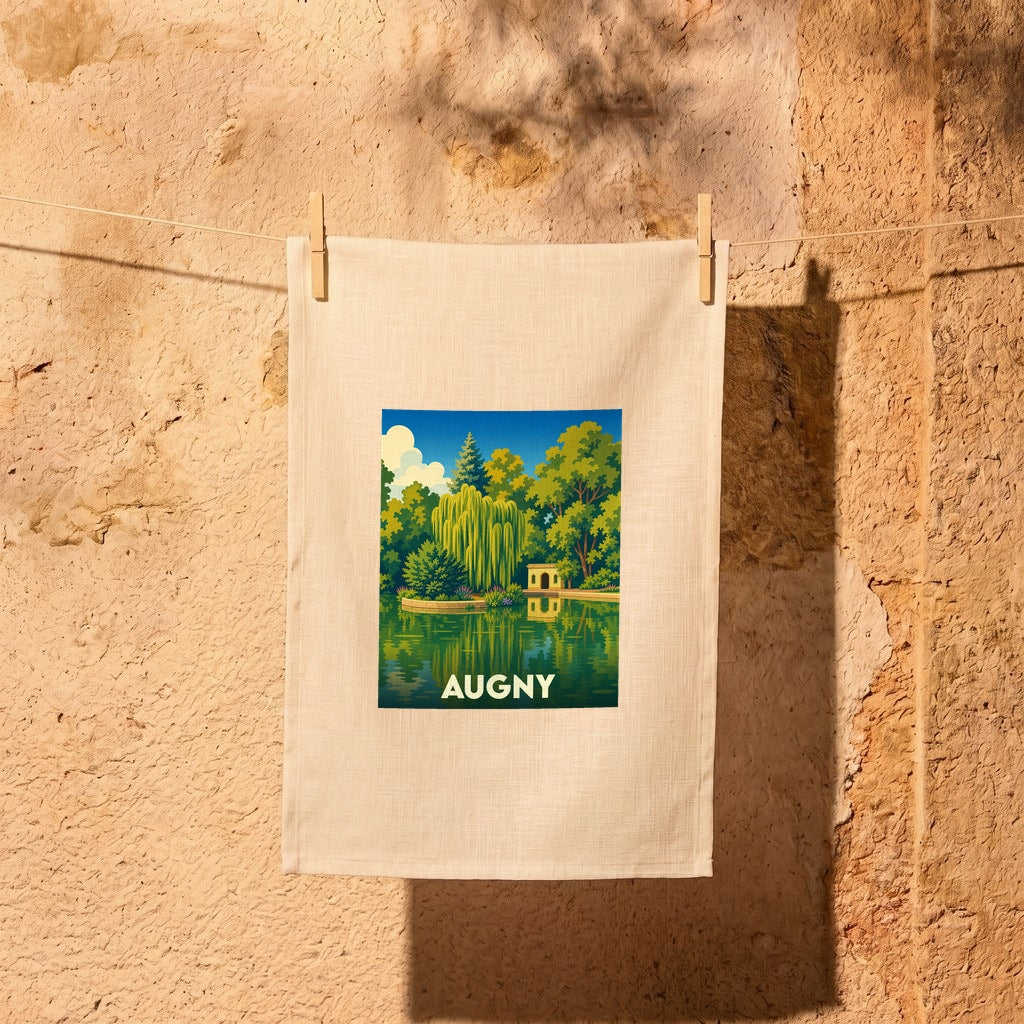 Torchon souvenir de la ville d'Augny avec une illustration stylisée d'un parc verdoyant au bord de l'eau.