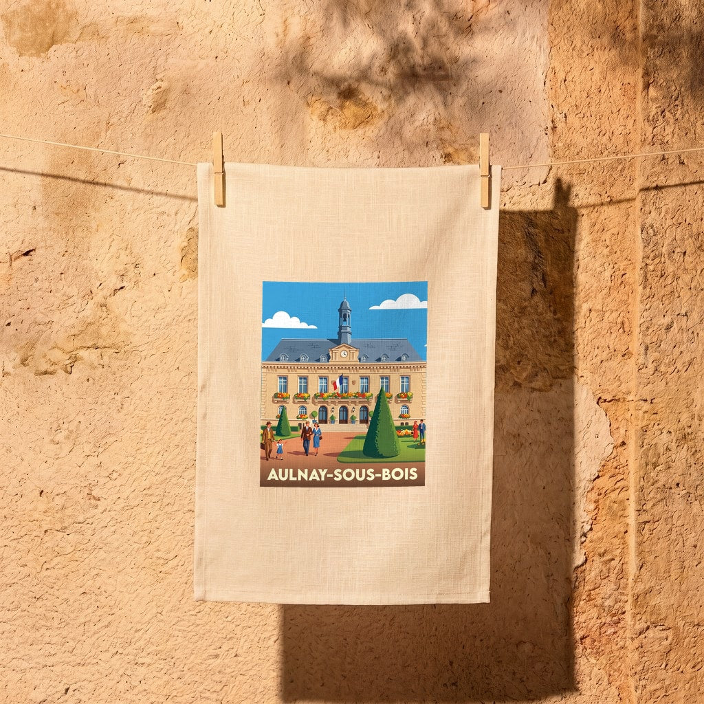 Torchon souvenir de la ville d'Aulnay-sous-Bois avec une illustration stylisée.