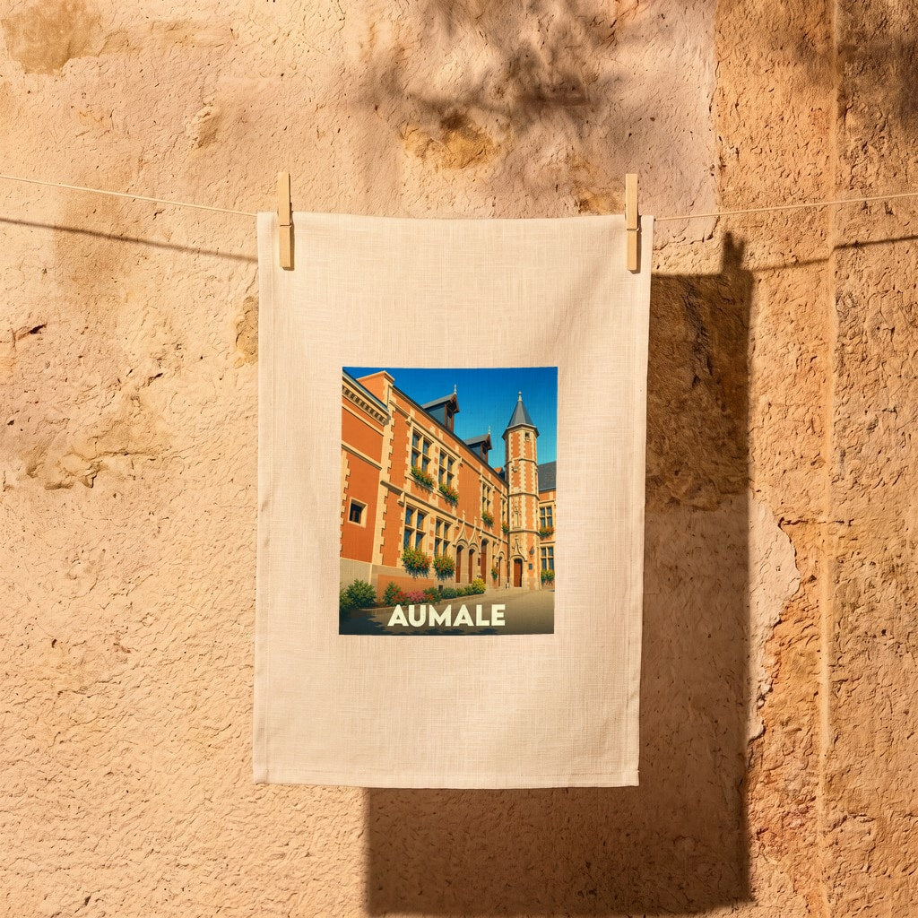 Torchon souvenir de la ville d'Aumale avec une illustration colorée de son architecture historique.