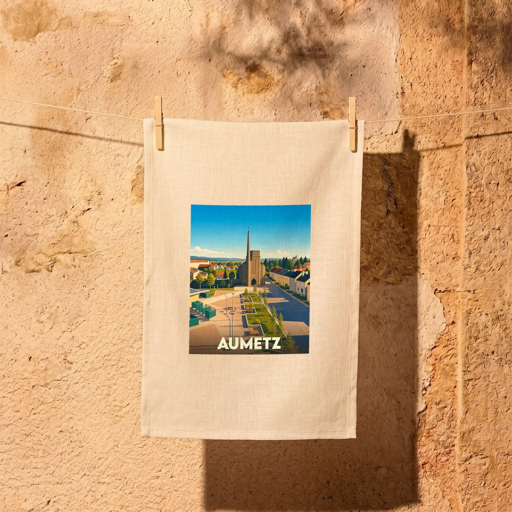 Torchon souvenir de la ville d'Aumetz avec une illustration stylisée de son église et de ses rues.