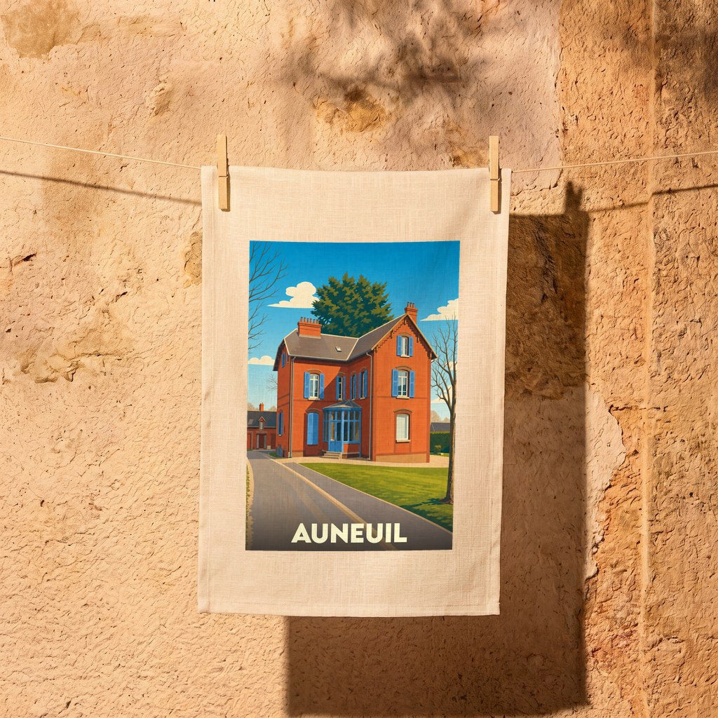 Torchon souvenir de la ville d'Auneuil illustré d'une maison bourgeoise en briques rouges.