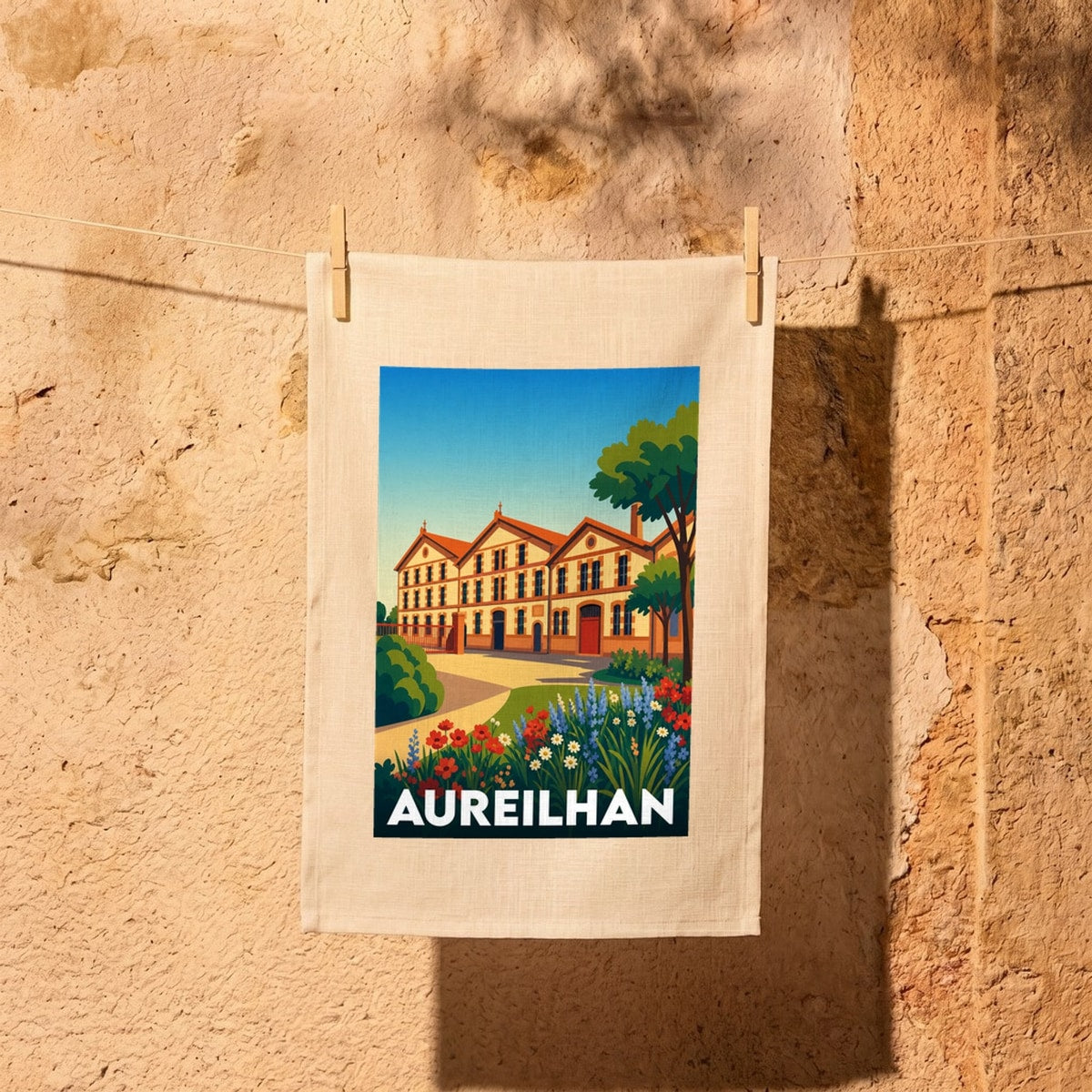 Torchon souvenir de la ville d'Aureilhan avec une illustration stylisée des anciennes briqueteries.