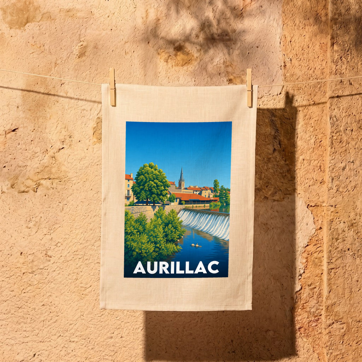 Torchon souvenir de la ville d'Aurillac avec une illustration stylisée de son paysage urbain au bord de l'eau.