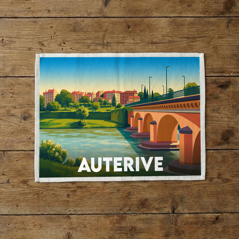 Torchon souvenir de la ville d'Auterive avec une illustration stylisée représentant son pont emblématique sur l'Ariège.