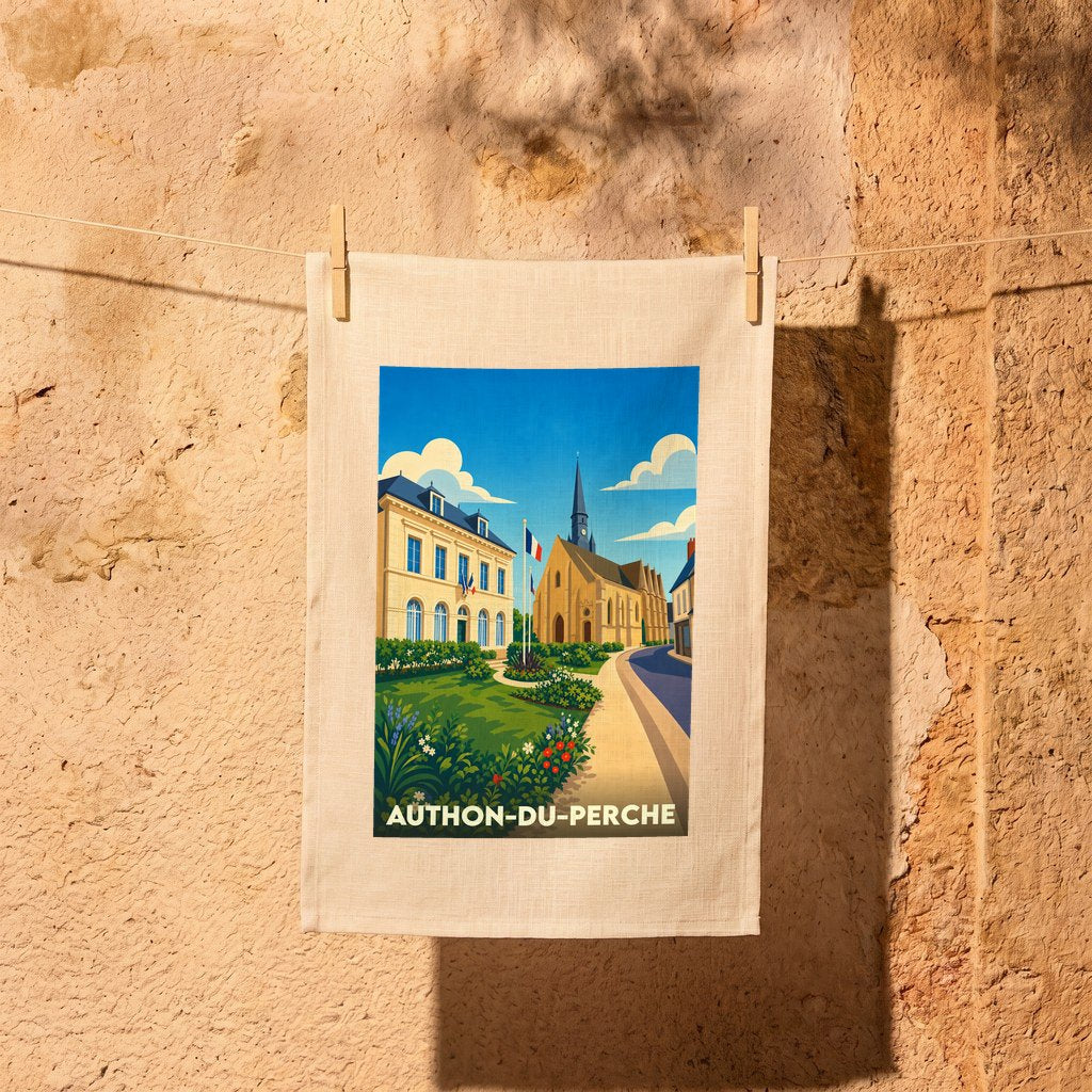 Torchon de cuisine souvenir de la ville d'Authon-du-Perche avec une illustration stylisée.