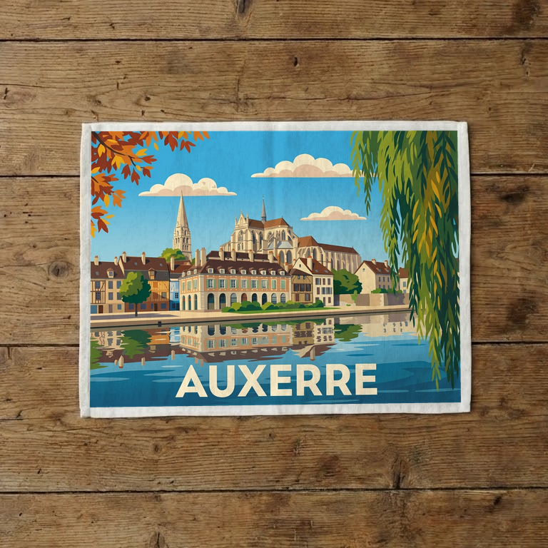 Torchon souvenir de la ville d'Auxerre avec une illustration stylisée de ses monuments au bord de l'eau.