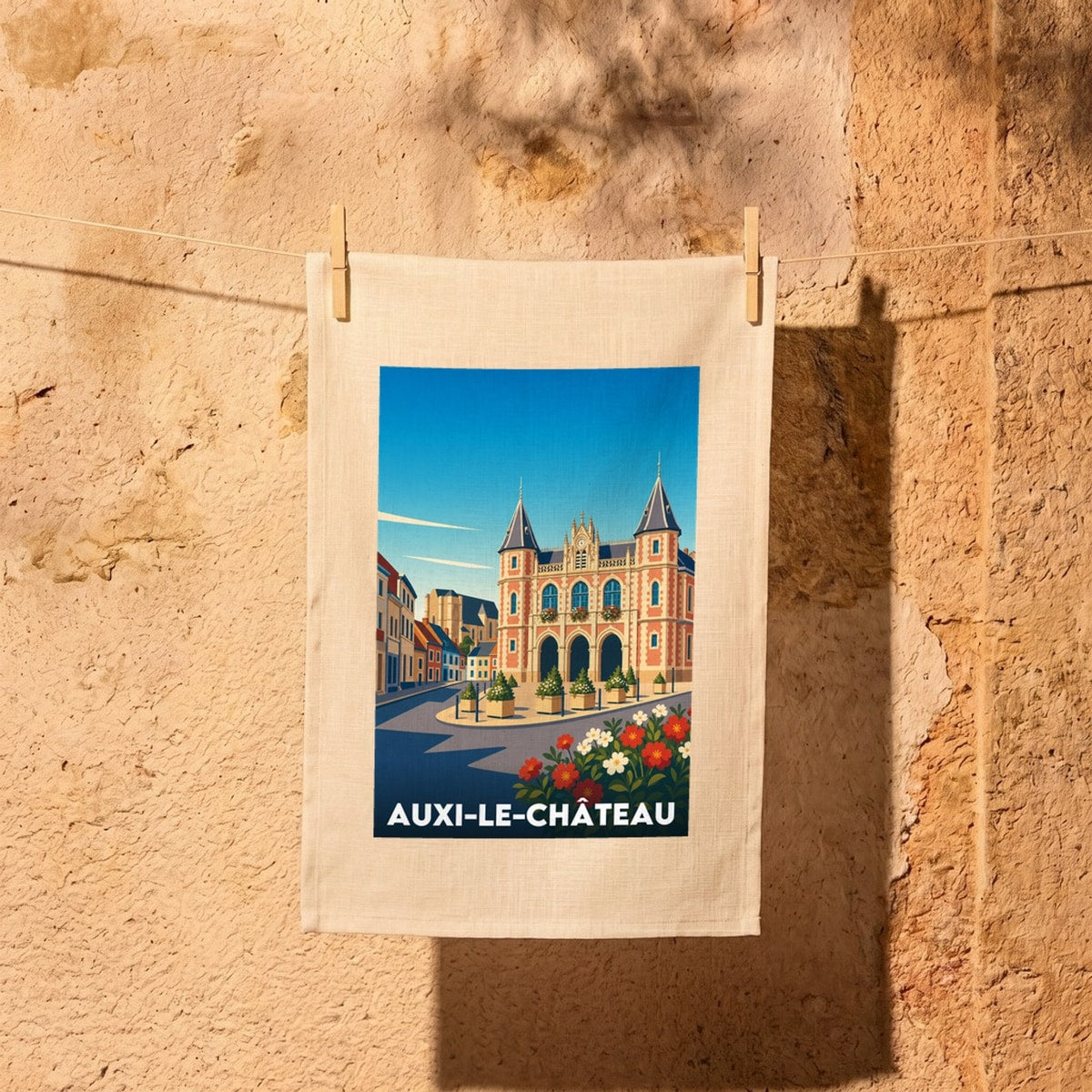 Torchon souvenir de la ville d'Auxi-le-Château avec une illustration stylisée.