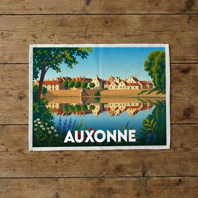 Torchon souvenir de la ville d'Auxonne avec une illustration stylisée d'un paysage urbain se reflétant dans l'eau.