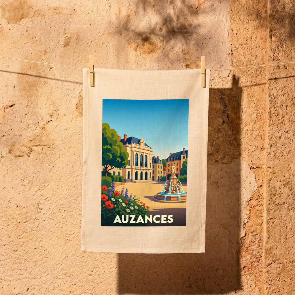 Torchon souvenir de la ville de Auzances avec une illustration colorée représentant sa place principale et sa fontaine.