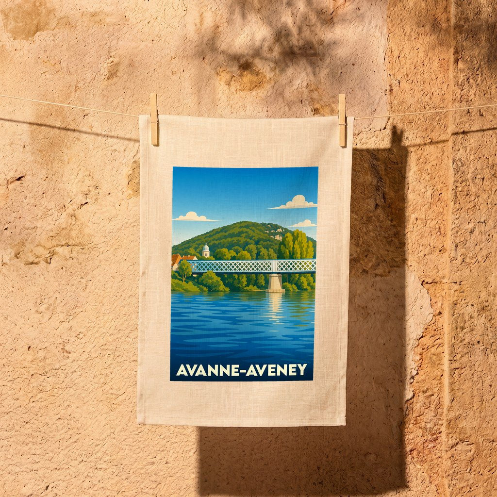 Torchon souvenir de la ville d'Avanne-Aveney avec une illustration stylisée d'un pont sur une rivière.