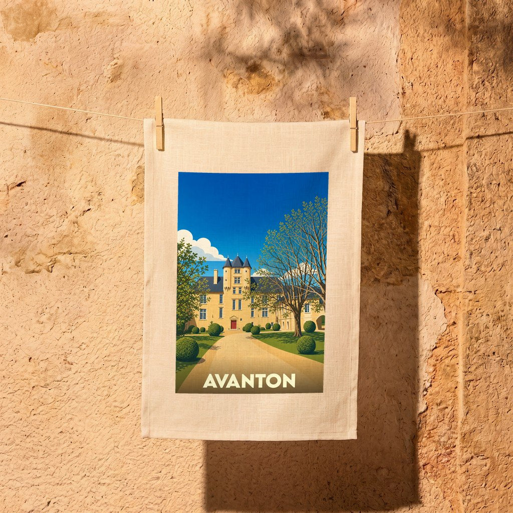 Torchon souvenir de la ville d'Avanton avec une illustration stylisée de son château.