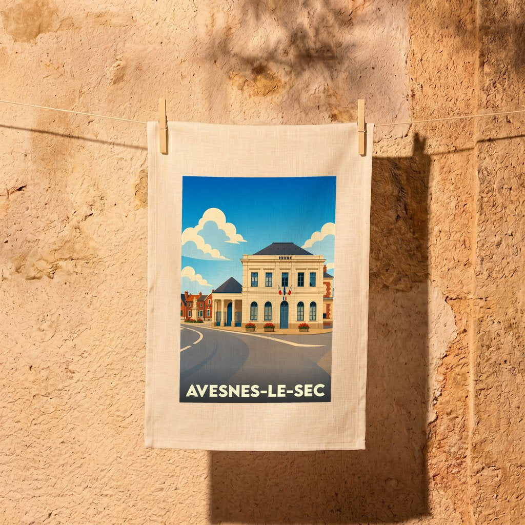 Torchon souvenir de la ville de Avesnes-le-Sec avec une illustration stylisée de sa mairie.