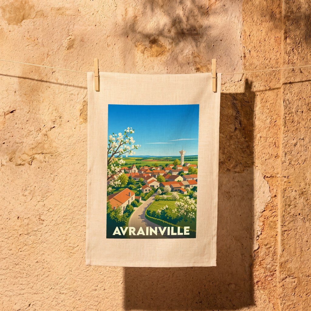 Torchon souvenir de la ville de Avrainville avec une illustration colorée et stylisée d'un paysage urbain.