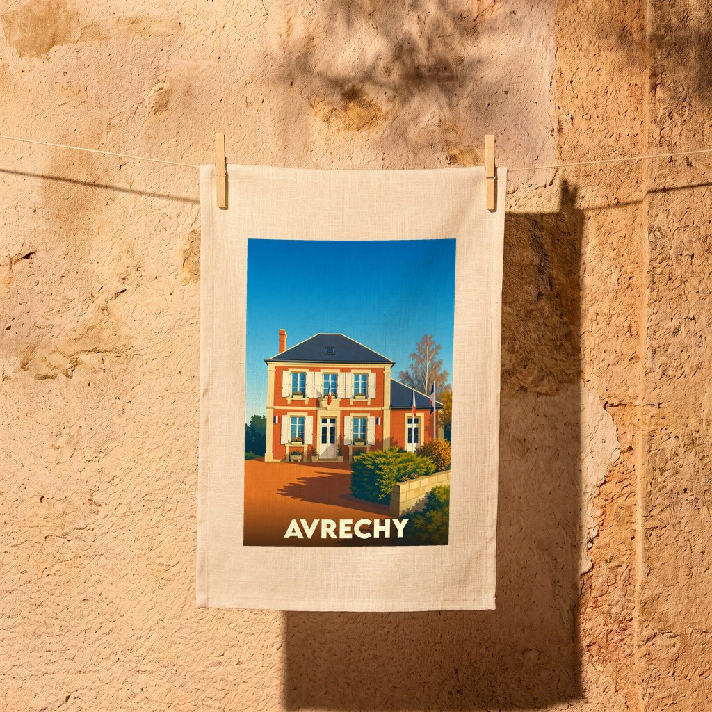 Torchon souvenir de la ville d'Avrechy avec une illustration stylisée d'une maison de maître.