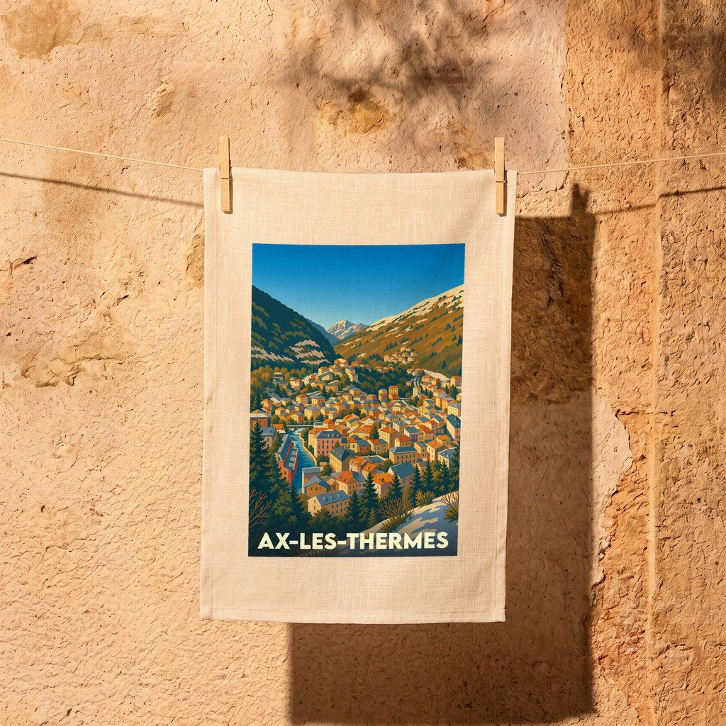 Torchon souvenir de la ville d'Ax-les-Thermes avec une illustration stylisée d'un paysage montagneux.