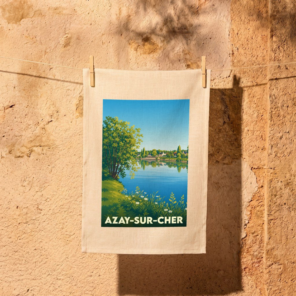 Torchon souvenir de la ville d'Azay-sur-Cher avec une illustration stylisée des bords du Cher.