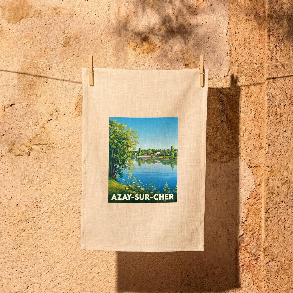 Torchon souvenir de la ville d'Azay-sur-Cher avec une illustration stylisée des bords du Cher.