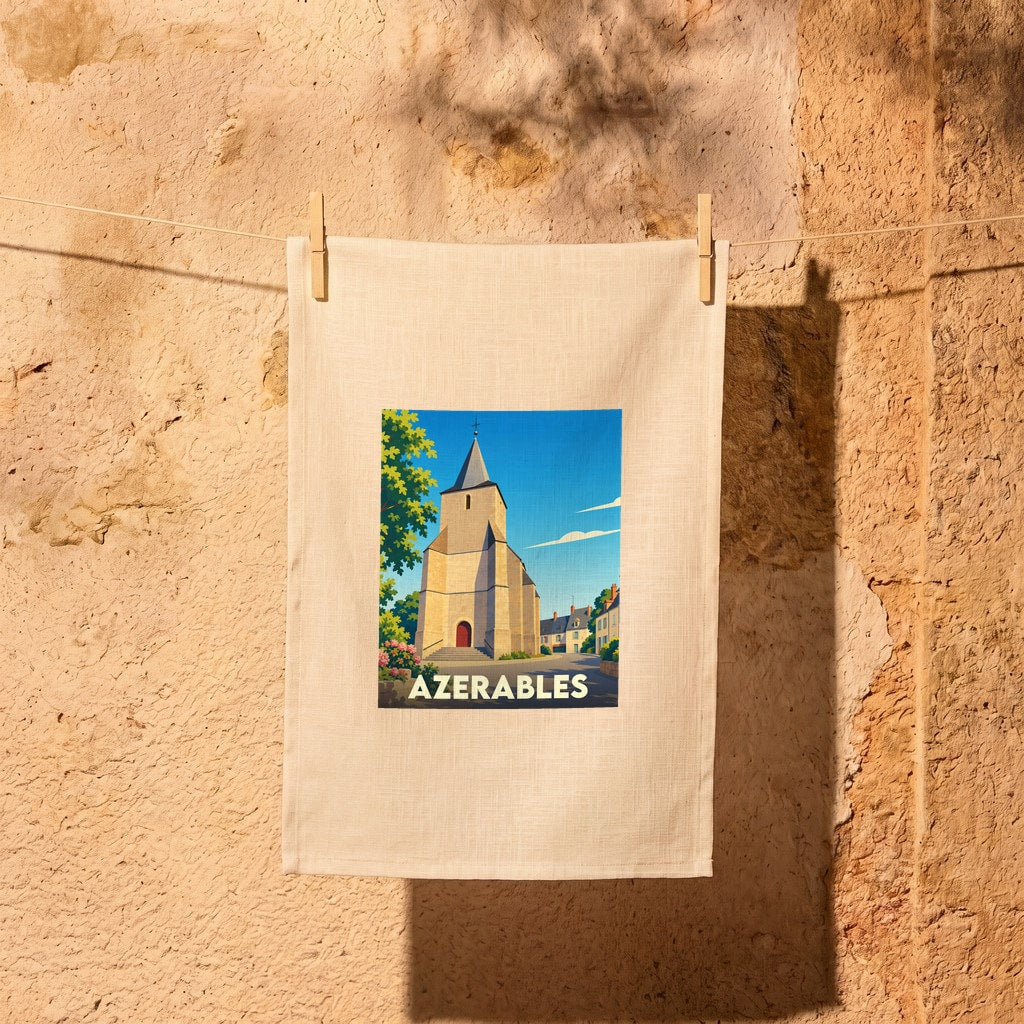 Torchon souvenir de la ville d'Azerables orné d'une illustration stylisée de son église.