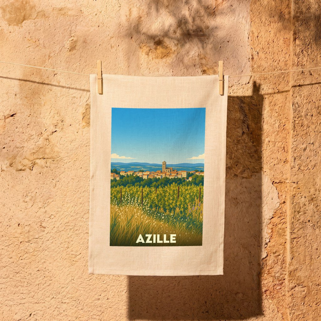 Torchon souvenir de la ville d'Azille illustré par un paysage de vignobles et de village.
