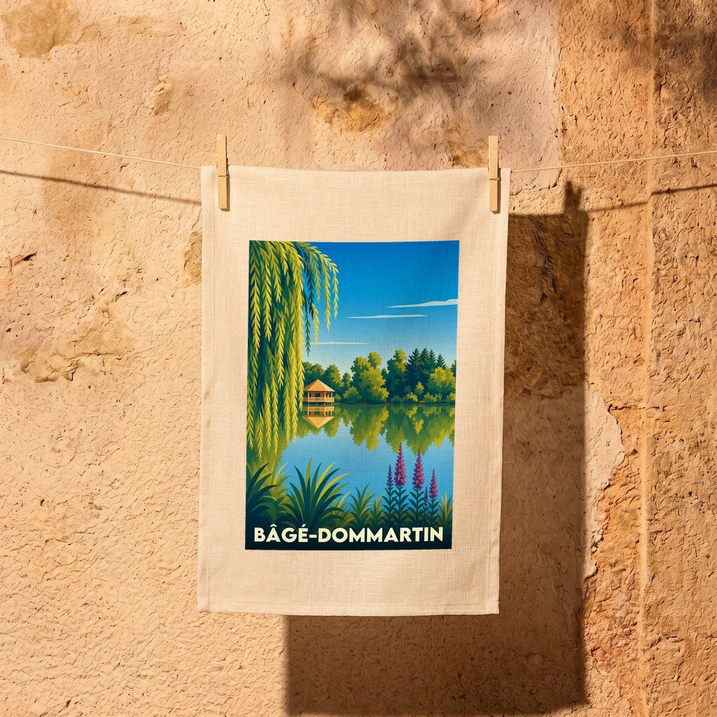 Torchon souvenir de la commune de Bâgé-Dommartin orné d'une illustration stylisée de son paysage lacustre.
