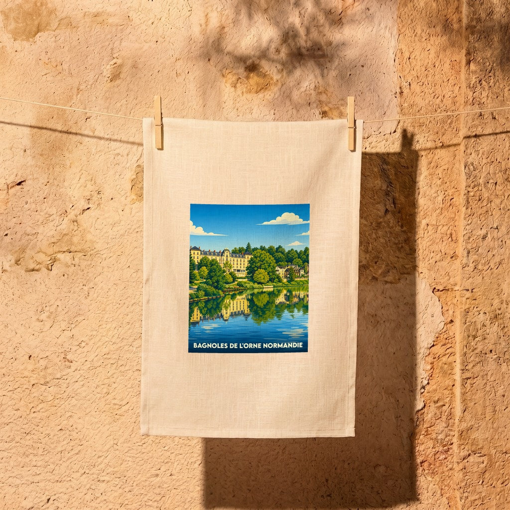 Torchon souvenir de Bagnoles-de-l'Orne Normandie arborant une illustration stylisée de son lac et de son architecture emblématique.