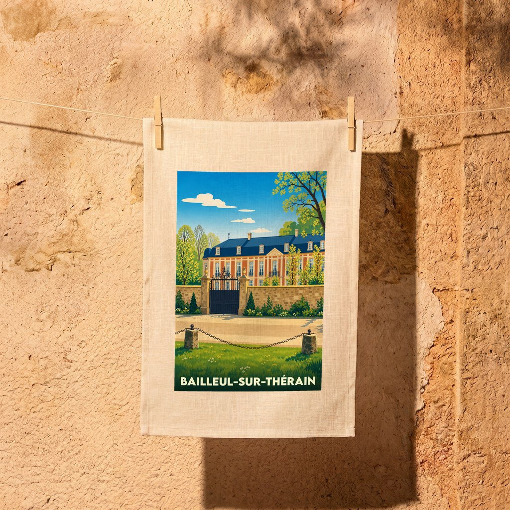 Torchon souvenir de la ville de Bailleul-sur-Thérain avec une illustration colorée et stylisée de son patrimoine.