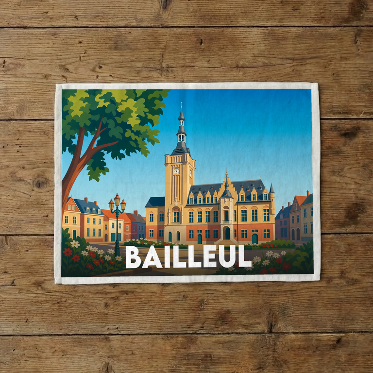 Torchon souvenir de la ville de Bailleul avec une illustration stylisée de son beffroi.