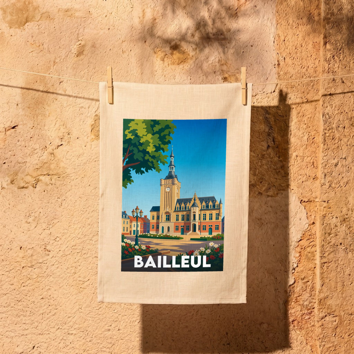 Torchon souvenir de la ville de Bailleul avec une illustration stylisée de son beffroi.