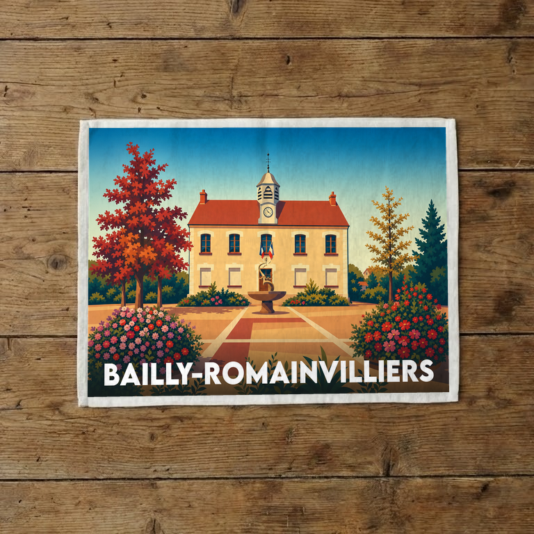 Torchon souvenir de la ville de Bailly-Romainvilliers avec une illustration stylisée de son hôtel de ville.