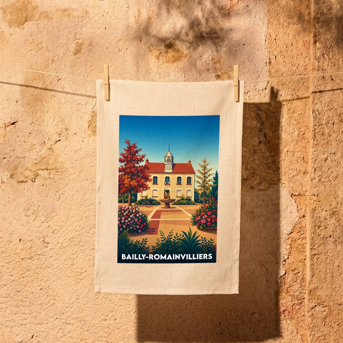 Torchon souvenir de la ville de Bailly-Romainvilliers avec une illustration stylisée de son hôtel de ville.