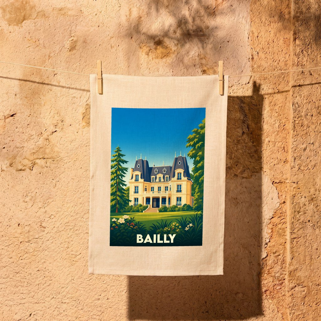 Torchon souvenir de la ville de Bailly orné d'une illustration stylisée de château.