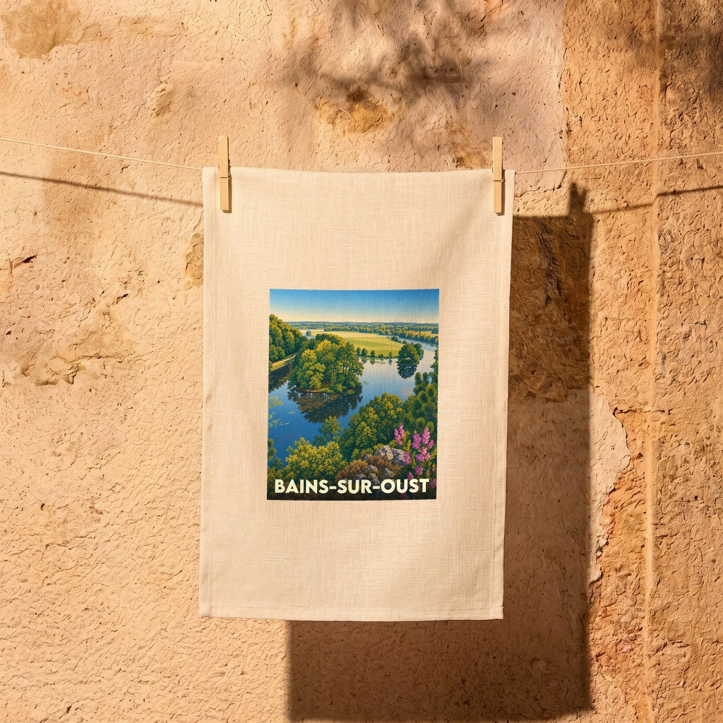 Torchon souvenir de la ville de Bains-sur-Oust avec une illustration paysagère stylisée.