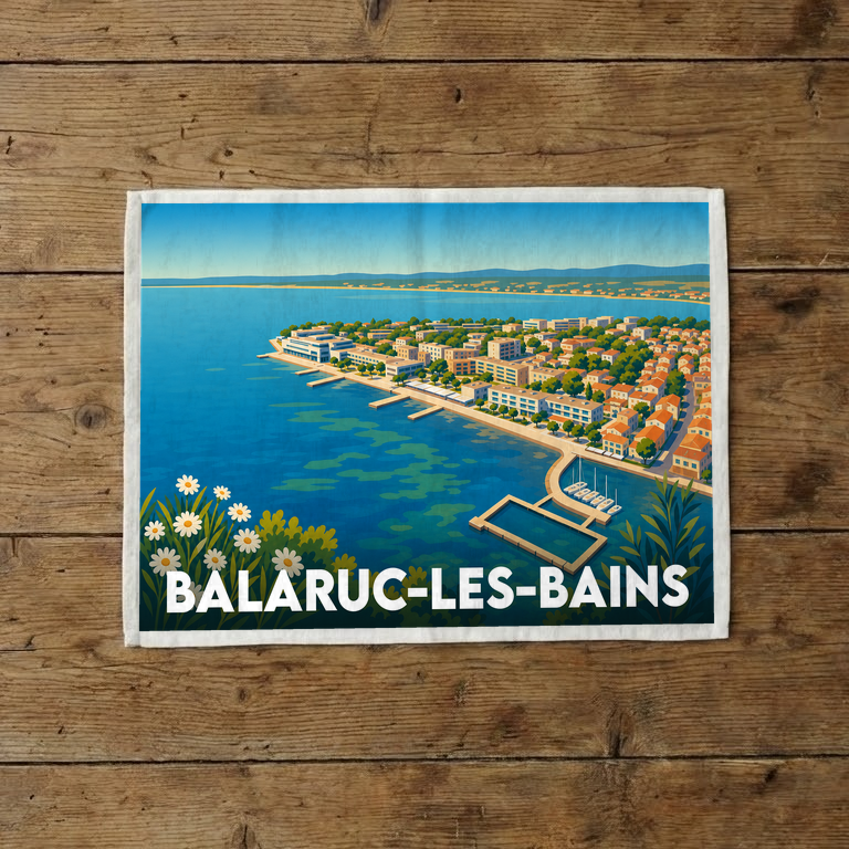 Torchon souvenir de la ville de Balaruc-les-Bains avec une illustration stylisée du littoral.