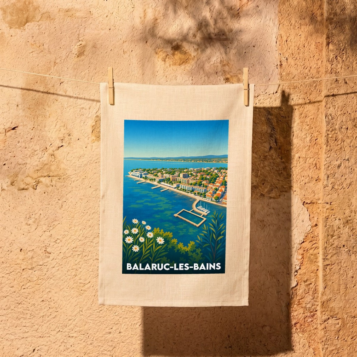 Torchon souvenir de la ville de Balaruc-les-Bains avec une illustration stylisée du littoral.